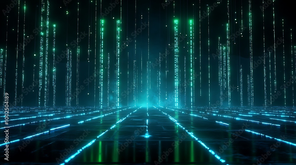 Poster futuristic digital landscape with glowing neon lines and data streams creating a mesmerizing effect.