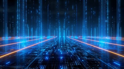 Futuristic digital landscape with glowing neon lines and data streams, creating a sci-fi atmosphere.