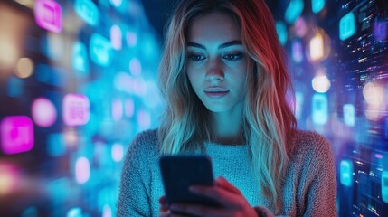 young woman browsing social media on her smartphone, surrounded by icons representing various platforms, illustrating the connection and interaction online
