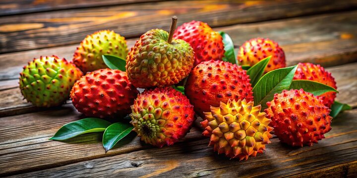 Freshly harvested pinha fruit with vibrant skin and unique texture on a rustic wooden background