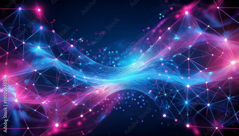 Poster Cyber big data flow. Blockchain data fields. Network line connect stream. Abstract digital connection dots and lines. Technology background. Network connection structure.