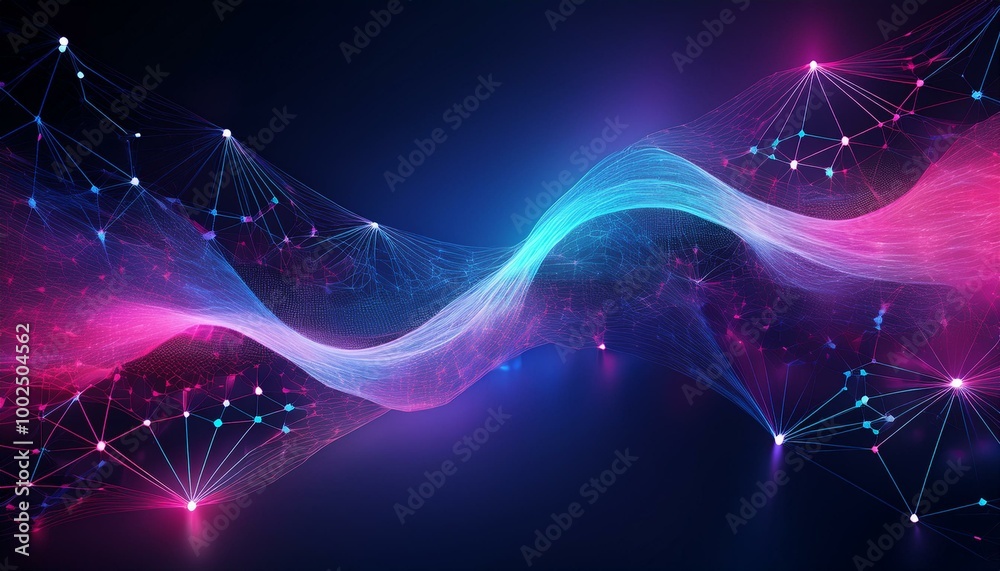 Poster Cyber big data flow. Blockchain data fields. Network line connect stream. Abstract digital connection dots and lines. Technology background. Network connection structure.