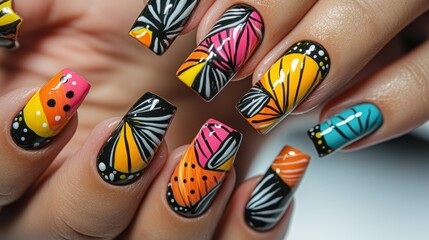 Close-up of a Hand with Colorful Butterfly Nail Art