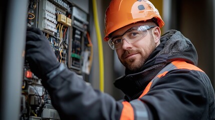 skilled male commercial electrician at work on an electrical fuse box, showcasing professionalism and safety while using electrical tools for repairs and installations