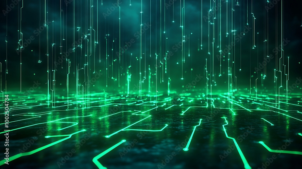 Poster futuristic digital landscape with green glowing circuit patterns and data streams, creating an immer