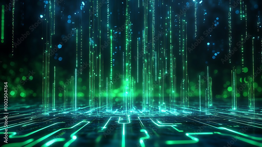 Poster futuristic digital landscape with green glowing data streams and circuit patterns on a dark backgrou