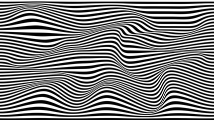 Psychedelic wave optical illusion. Abstract vector distorted background with black and white lines. Op art pattern textures.