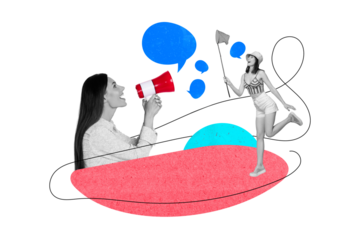 Photo collage young travel agency worker lady share sale proposition loudspeaker catch low cheap prices colorful drawing picture