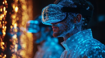 Scientists explore DNA structures using virtual reality technology in a research lab at night