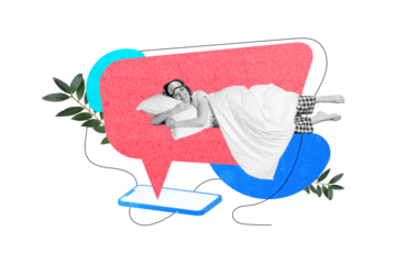 Creative photo collage relaxed girl sleeping waiting morning telephone notification vacation weekend start holidays concept