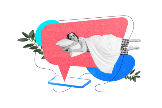 Creative photo collage relaxed girl sleeping waiting morning telephone notification vacation weekend start holidays concept