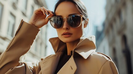 A stylish woman adjusting her oversized sunglasses while wearing a sleek trench coat, with a blurred city background hinting at movement and excitement