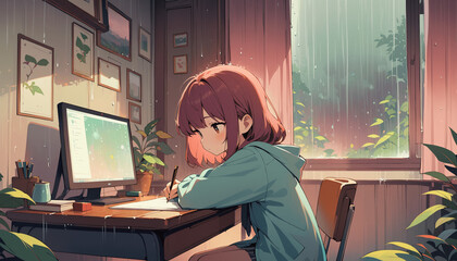 Lo-fi Girl Studying at Her Desk: Rainy Chill Vibes, Atmospheric 4K Wallpaper in Anime Manga Style