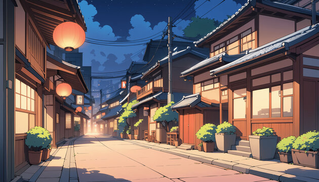 A beautiful Japanese Tokyo city town in the evening. houses at the street. anime comics artstyle. cozy lofi Asian architecture.