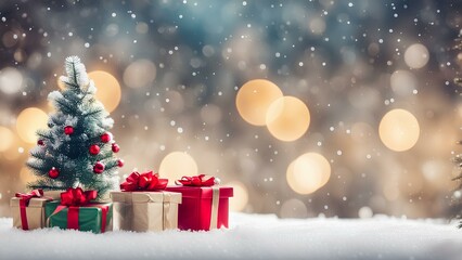 Obraz premium christmas background, with small christmas tree on the side and some gift boxes cartoon, snow falling feel, with blur background