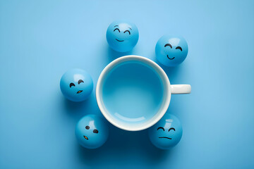 top view of sad mug with balloons with frown