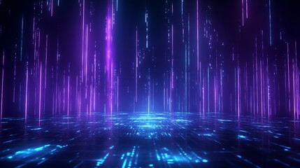 Futuristic digital landscape with vibrant blue and purple light beams, creating an immersive virtual space.