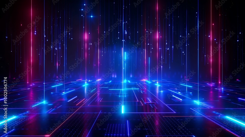 Poster futuristic digital landscape with vibrant neon lights and data streams creating a high-tech visual e