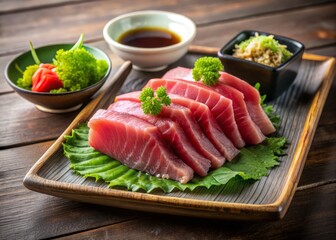 Fresh Tuna Sashimi Served on Traditional Japanese Plate with Wasabi and Soy Sauce for Gastronomy