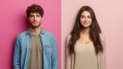 The image shows two young individuals — a man on the left and a woman on the right — standing against different shades of pink backgrounds