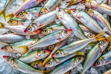 Fresh White Bait on Ice Ready for Cooking or Selling at a Local Seafood Market Displayed Aesthetically