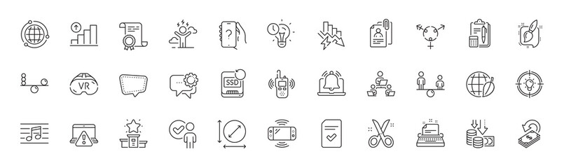 Genders, Circle area and Painting brush line icons. Pack of Accounting, Graph chart, Saving electricity icon. Typewriter, Balance, Equity pictogram. Environment day, Scissors, Idea. Line icons. Vector