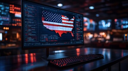 A computer monitor displaying the American flag on a digital map in a modern workspace setting