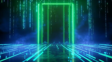 Futuristic digital portal with glowing green light beams and matrix-style rain on a dark background.