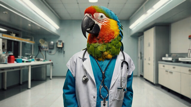 poultry pet parrot wearing a doctor's uniform white coat AI generated