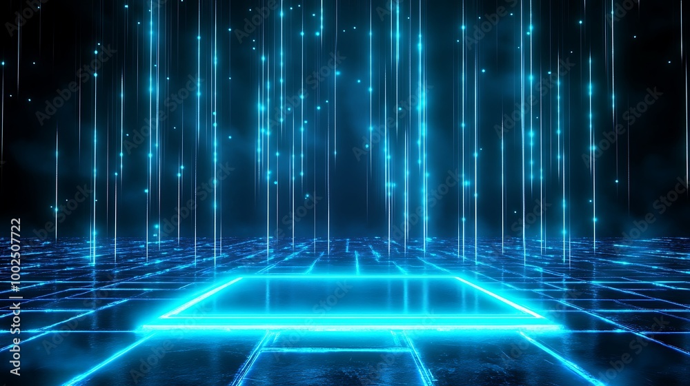 Poster futuristic digital scene with glowing blue lines and abstract data flow, creating an immersive high-