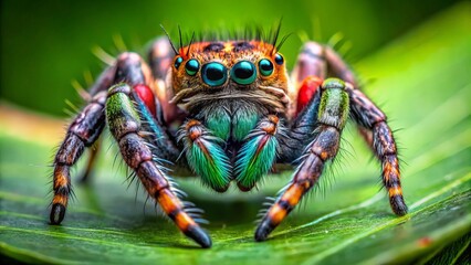 Fototapeta premium Fringed Jumping Spider on Green Leaf Captured in Nature, Showcasing Its Unique Patterns and Colors