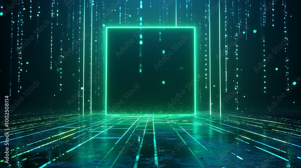 Poster futuristic glow frame in a digital environment with flowing data streams.