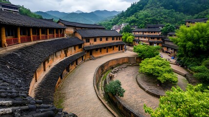 Fototapeta premium Traditional Chinese Village with Curved Street and Green Mountains