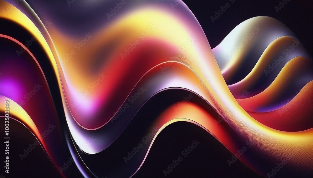 Aufkleber Abstract fluid iridescent holographic neon curved wave in motion colorful background 3d render. Gradient design element for banners, backgrounds, wallpapers, posters and covers.