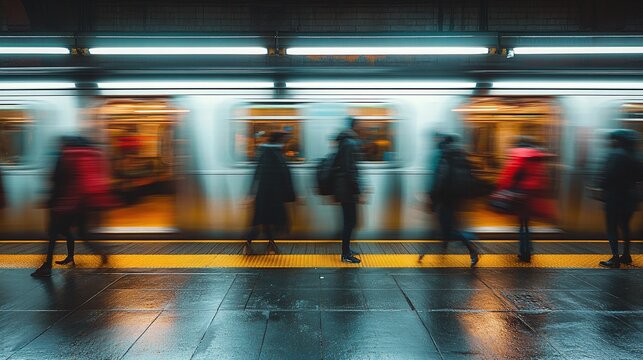motion blur of subway passengers getting off the train, embodying the fast, dynamic pace of city life and the commuter rush during busy hours