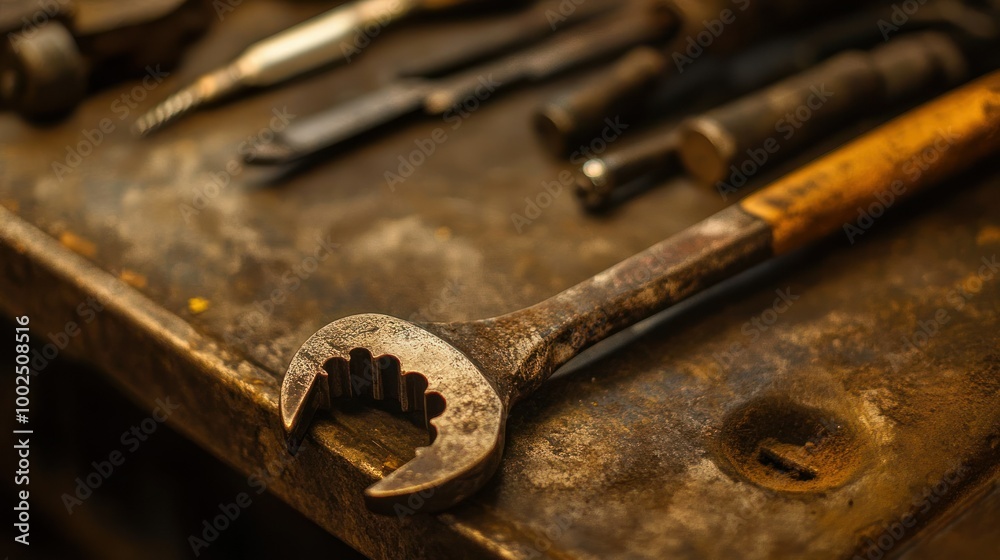 Poster a rusty wrench on a metal surface with other tools