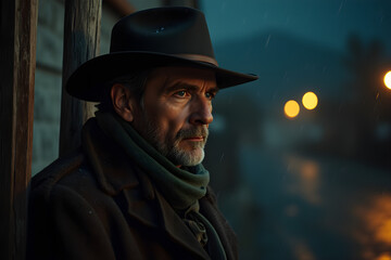 a tired cowboy in the rain