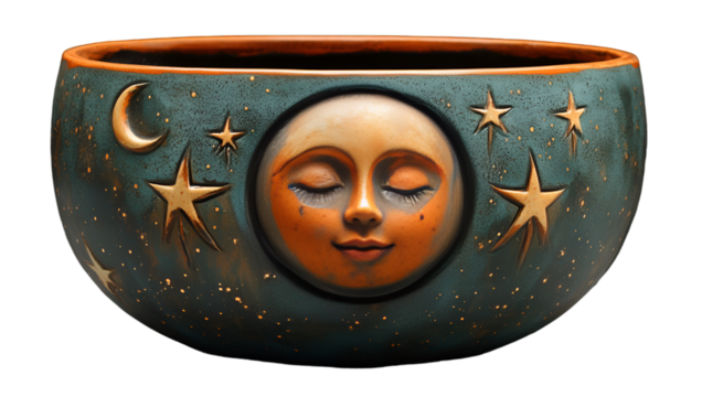 a ceramic bowl with a face and stars