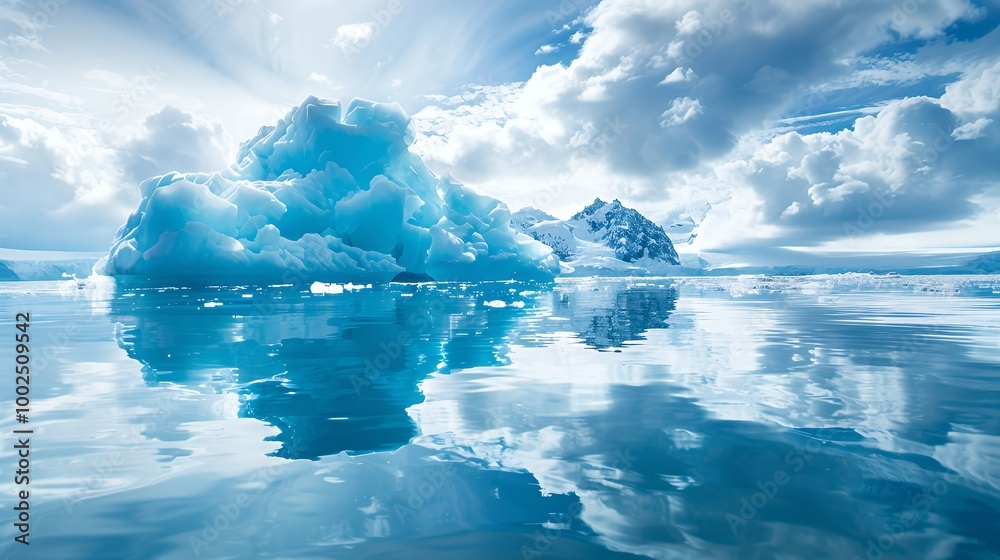 Poster a large iceberg floats in a vast blue sea with white clouds and sunbeams above.