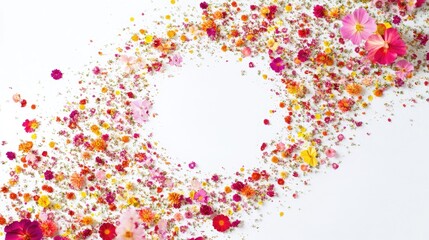 Fototapeta premium Swirling trails of tiny colorful flowers form an intricate abstract pattern on a white background, evoking a sense of natural beauty
