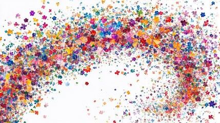 Swirling trails of tiny colorful flowers form an intricate abstract pattern on a white background, evoking a sense of natural beauty