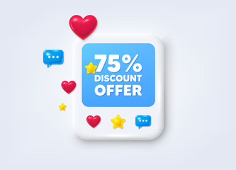Social media post 3d frame. 75 percent discount tag. Sale offer price sign. Special offer symbol. Discount message frame. Social media photo banner. Like, star and chat icons. Vector