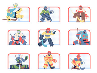 Hockey goalkeepers. Flat sport guards in colorful different gears. Sport characters with hockey sticks and in mask waiting puck, recent vector set