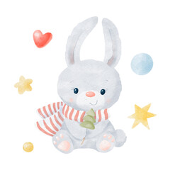 Watercolor illustration Christmas cute bunny