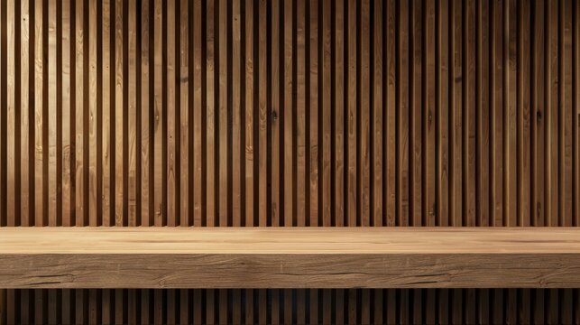 Kitchen wooden countertop in beige color for product presentation. Empty tabletop on wall panels background with vertical slats. Modern interior with podium for eco cosmetics advertising.