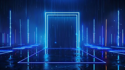 Futuristic neon doorway with glowing lights reflecting on a wet floor in a digital environment.