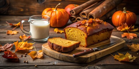 Fototapeta premium Homemade pumpkin bread rests next to a glass of milk on a rustic wooden table, surrounded by autumn