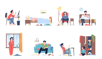 Lazy characters. People sit in bed, sleep in chair, sitting in messy. Tired men and women have depression and apathy. Sedentary lifestyle, recent vector scenes