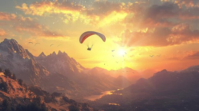 paraglider and sunset background. Virtual 4K video animation background with looping time lapse with very smooth graphics.