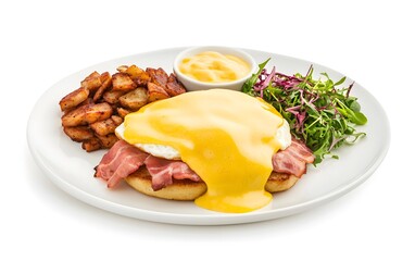 A classic eggs benedict with hollandaise sauce, served with a side of hash browns and fresh greens